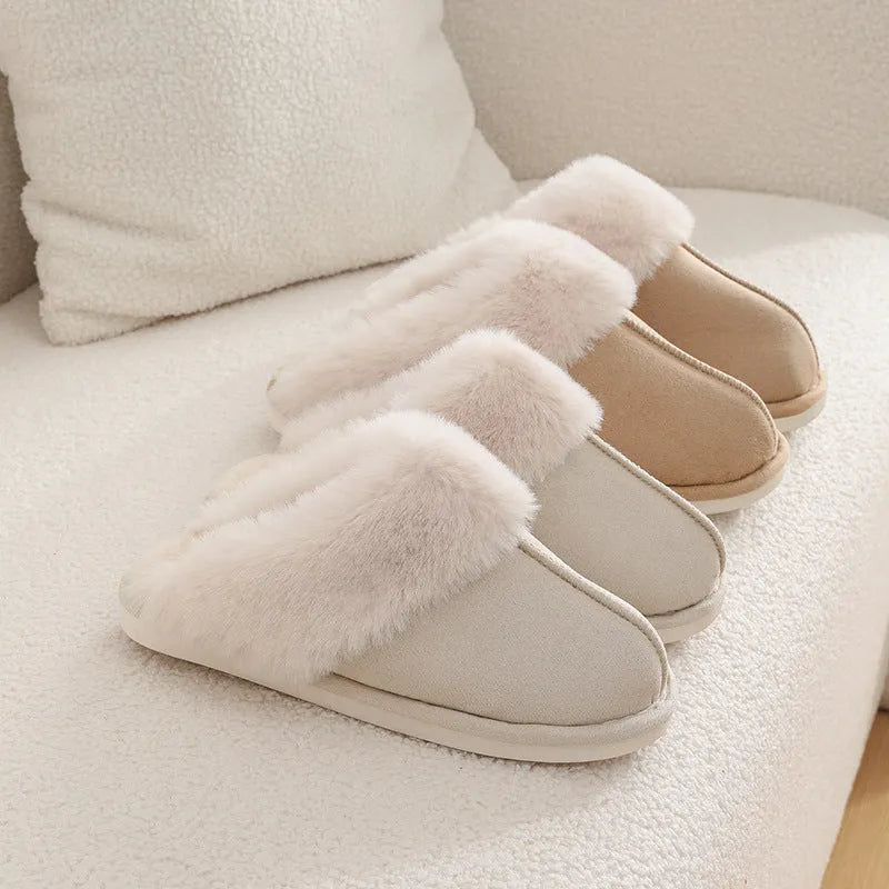 Women's brown plush indoor slippers with round toe, flat heel, and anti-slip PVC sole.