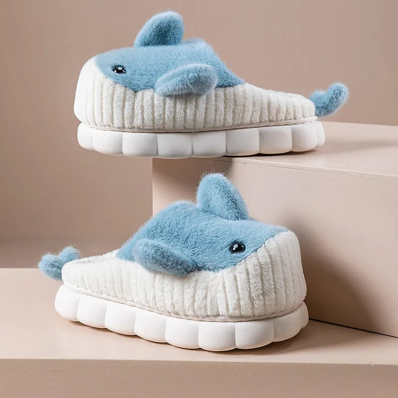 Women's shark slippers with fluffy upper and thick sole, available in black, sky blue, and brown.