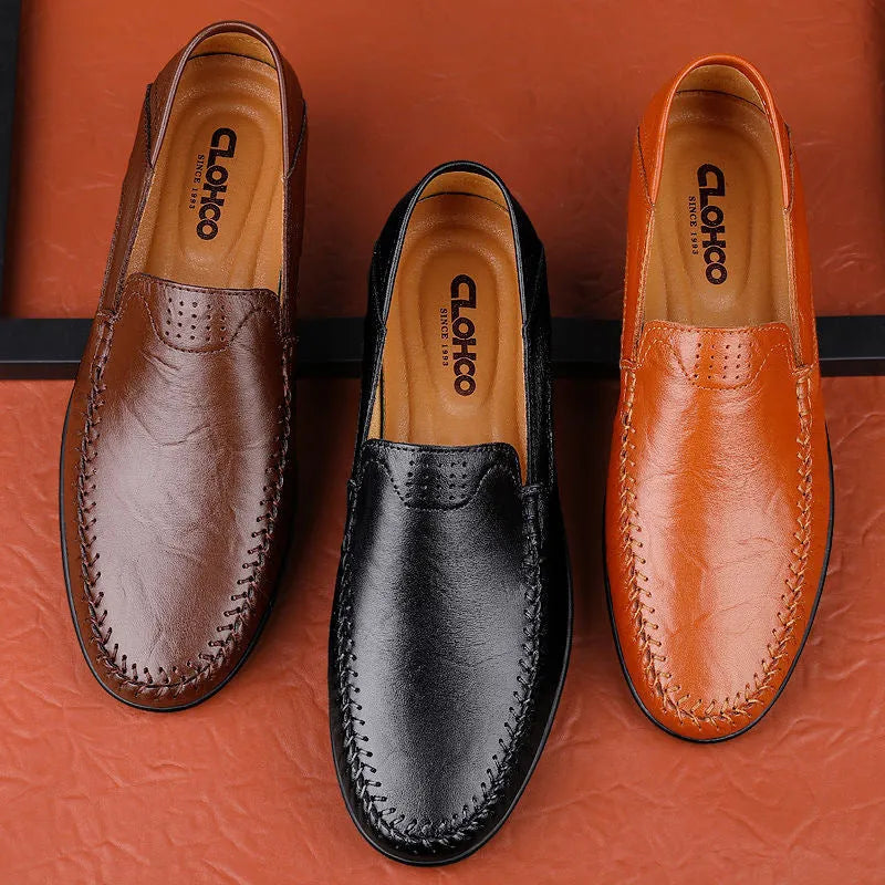 Men's brown leather casual shoes with round toe and flat heel design on rubber sole