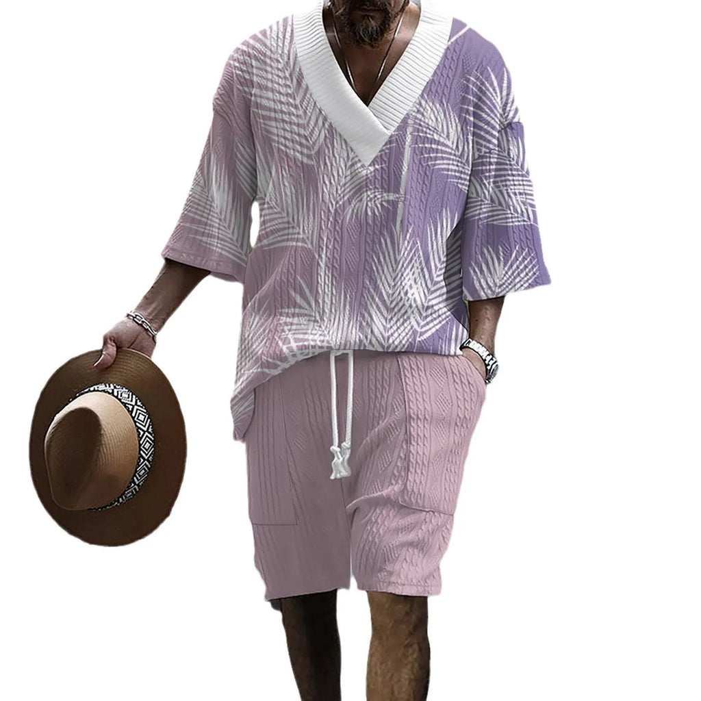 Printed drop-shoulder men's knitted short-sleeved shorts suit in chemical fibre blend, available in multiple colours and sizes