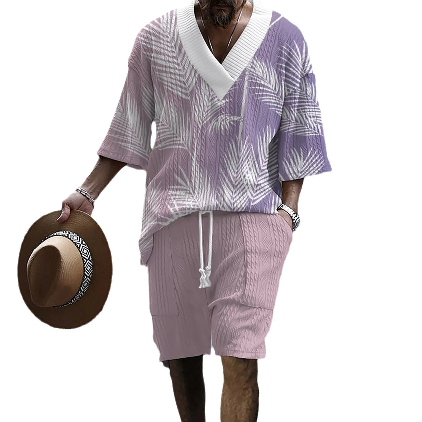 Printed drop-shoulder men's knitted short-sleeved shorts suit in chemical fibre blend, available in multiple colours and sizes