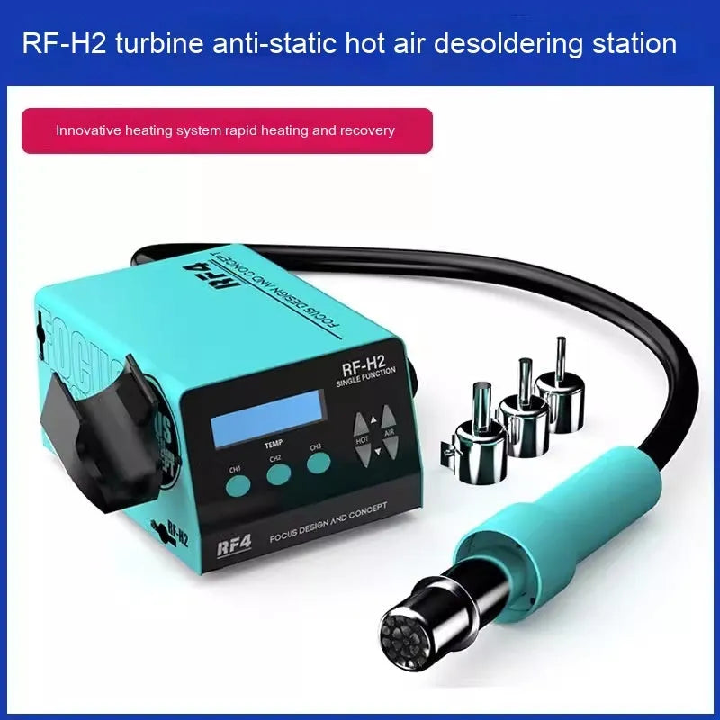 RF4H2 hot air rework station with digital display and three nozzle attachments for BGA chip removal