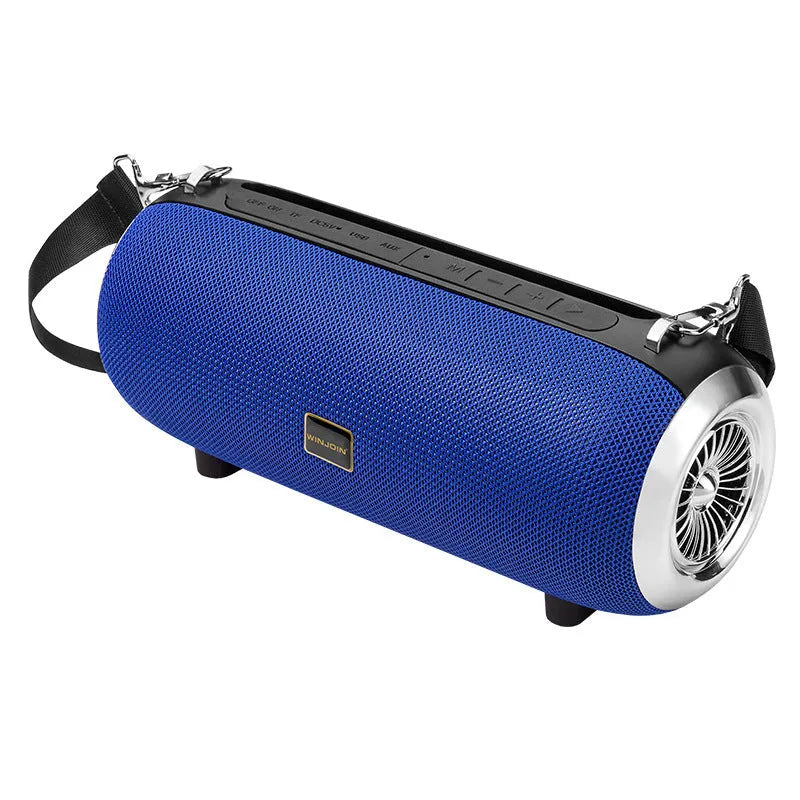 F666 Mini Bluetooth Speaker in black, blue, camouflage, or red with shoulder strap and mobile phone stand
