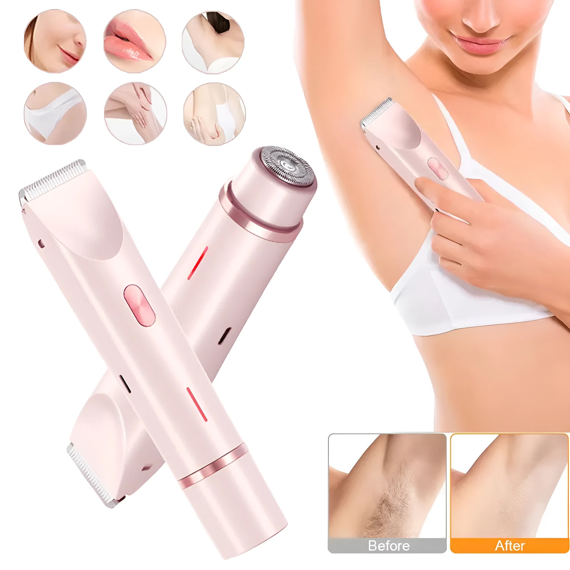Pink women's electric razor and trimmer with two heads, USB cable, and brush on a white background.