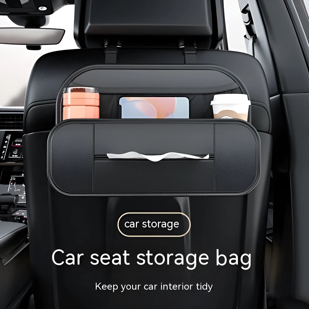 Black leather car seat rear storage bag with dimensions 36cm by 24cm by 8cm.