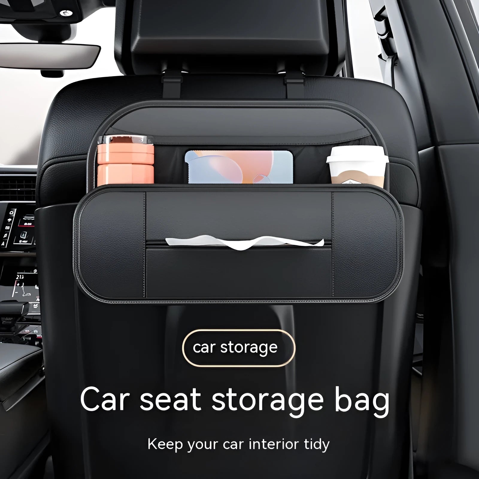 Black leather car seat rear storage bag with dimensions 36cm by 24cm by 8cm.
