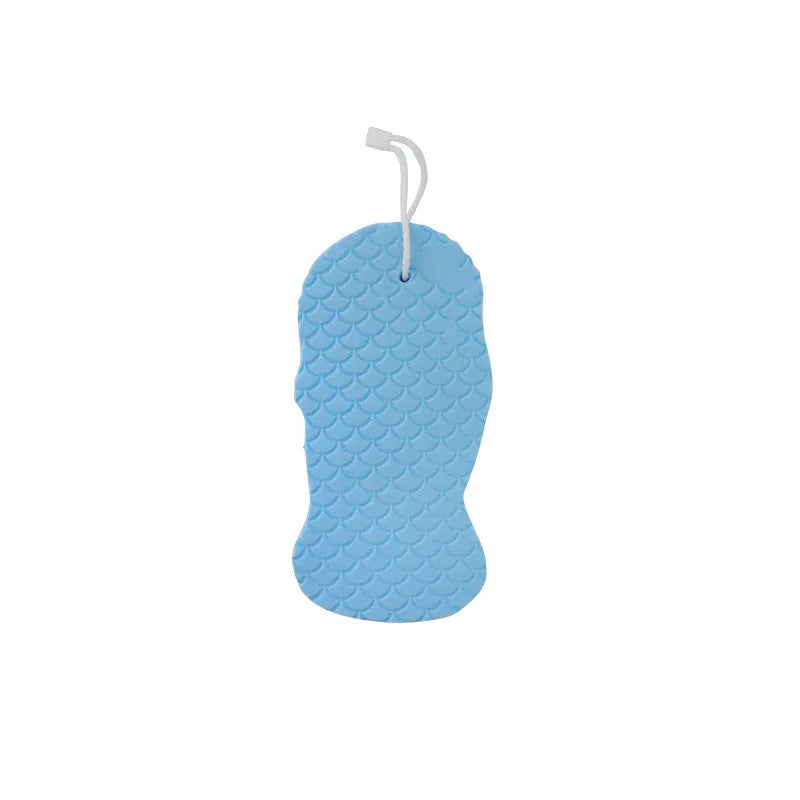 3D body rubbing sponge with fish scale pattern in white, grey, pink, or light blue, showing super-soft texture for gentle exfoliation