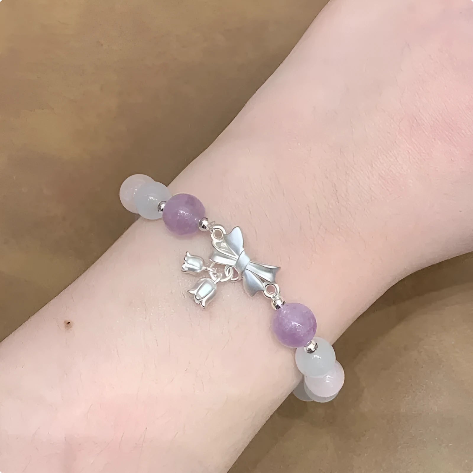 Lavender amethyst opal bracelet with bowknot design and 10mm crystal beads