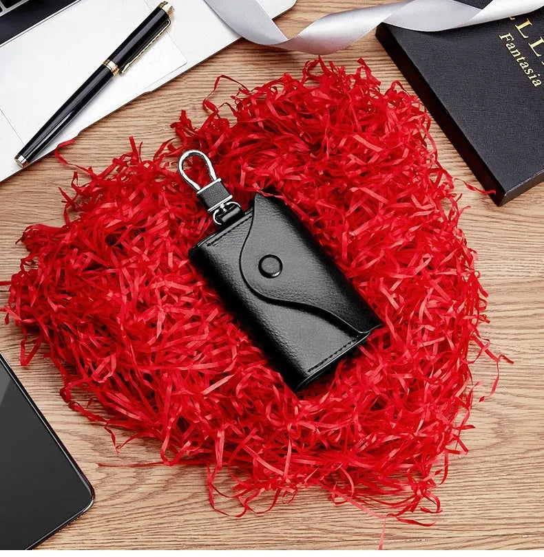 Genuine leather keychain card holder in square vertical design with internal key mapping