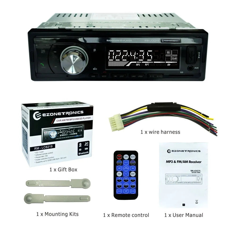 EZONETRONICS car Bluetooth FM MP3 stereo receiver with USB, SD, and AUX inputs on front panel.