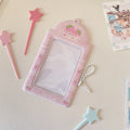 Plaid strawberry PVC card holder with 3-inch cartoon motif, measuring 7.6 by 13.6 cm