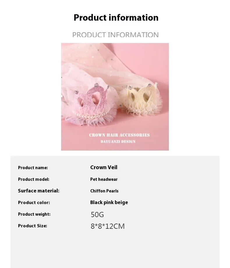 Adjustable princess crown headdress for cats with veil in beige or pink options, cotton-polyester material