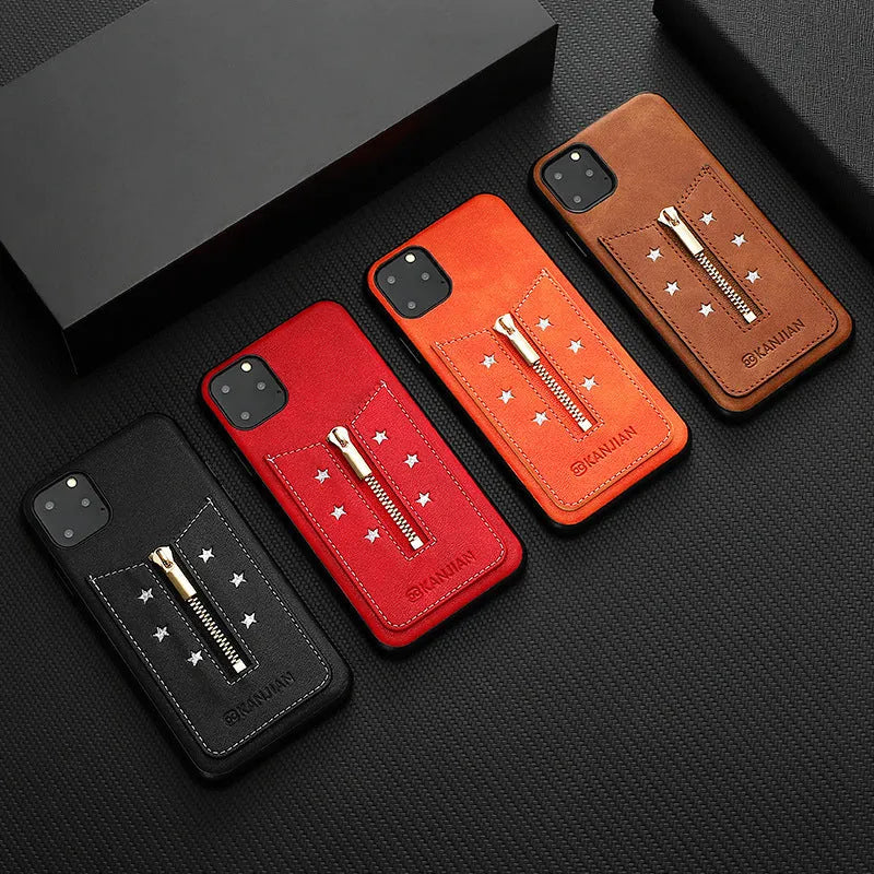 PU leather zipper phone case in black brown orange red for iPhone Samsung phones