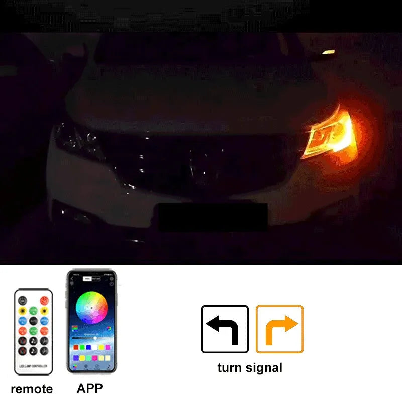 Automotive engine cover LED strip lights showing installation through daily running light screen gap with colour illumination options