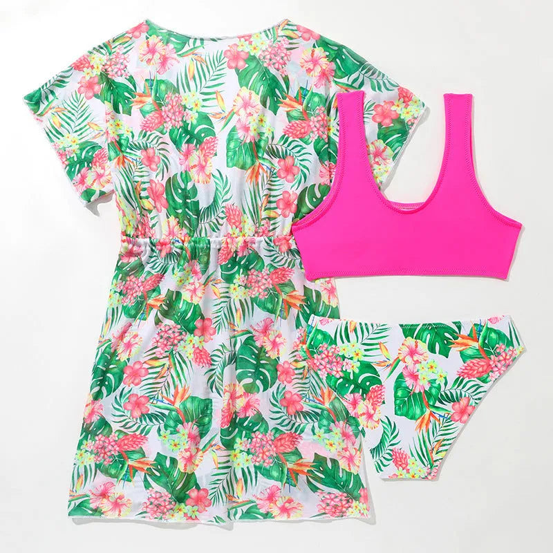 Girls' two-piece swimsuit with Korean-style floral pattern, high-elasticity polyester fabric for swimming
