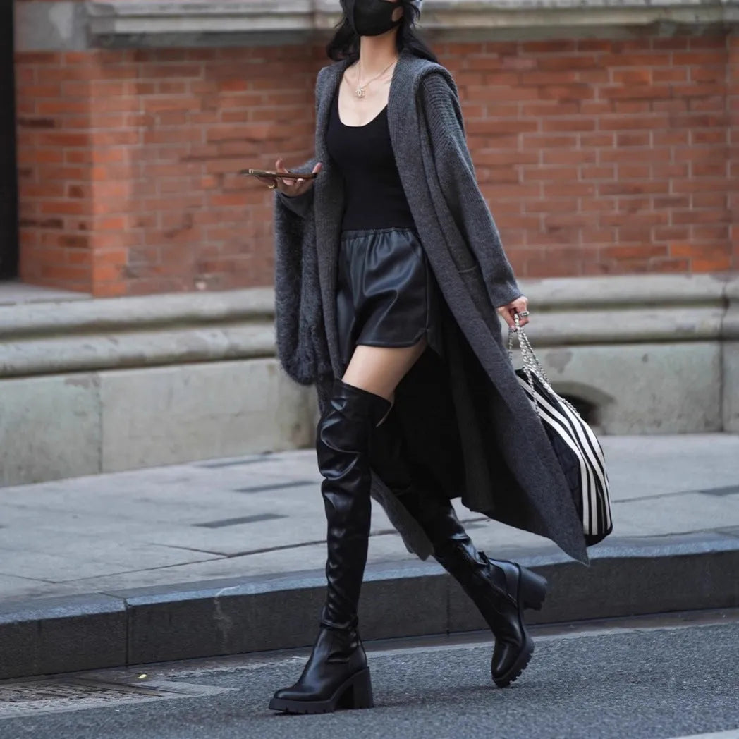 Long grey knitted cardigan with hooded trench coat design showing 80cm length and wool blend fabric texture