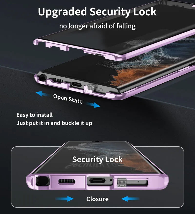 Samsung Galaxy S24 Ultra magnetic mirror phone case in black with peep-proof design and universal magnetic suction