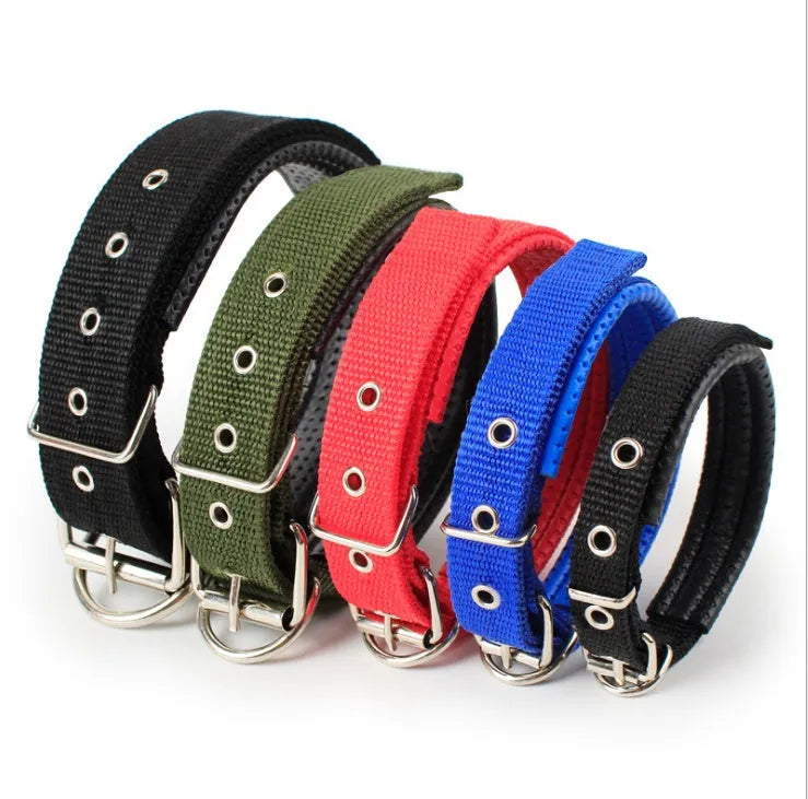 Soft leather-lined pet collar with polypropylene foam padding and nylon webbing, in multiple sizes and colours