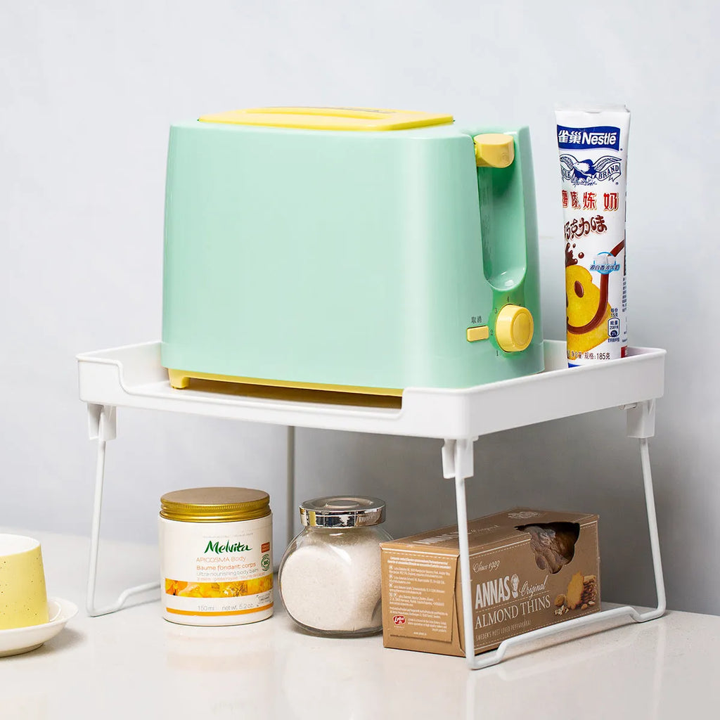 Wall-mounted kitchen supplies rack with adjustable shelves in transparent or white plastic
