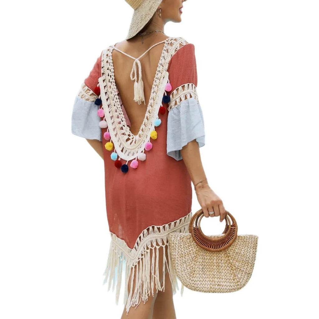 Beach overskirt with hand crochet stitching and bamboo cotton tassels in orange floral pattern
