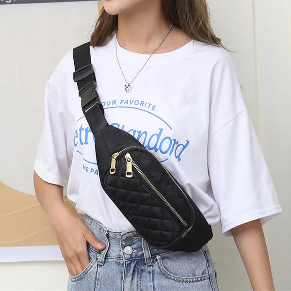 Rhombus nylon fanny pack for women in solid colour with zipper pockets and single soft handle for crossbody or waist wear.