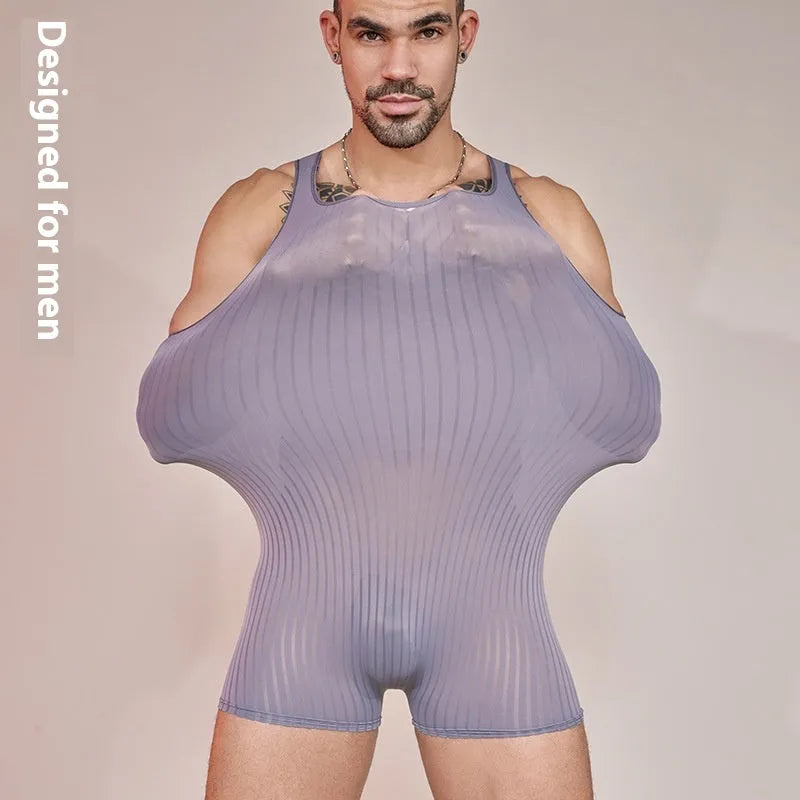 Men's striped jumpsuit in nylon fabric showing vertical pattern in available colours