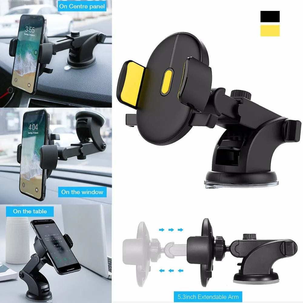 Yellow and black car phone holder with telescopic arm and suction cup on a dashboard