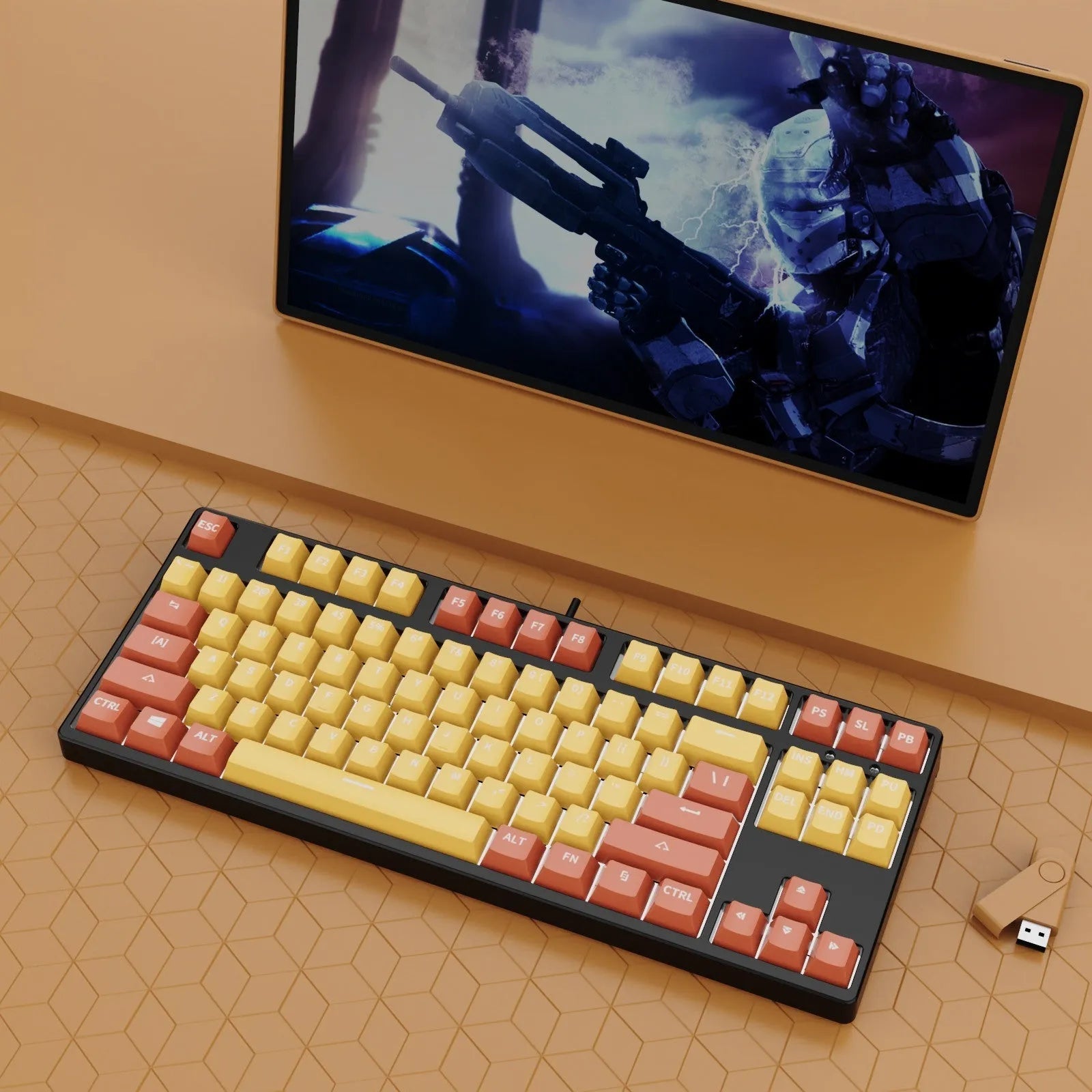87-key wired mechanical keyboard with two-tone keycaps and metal frame, showing compact design and included tools