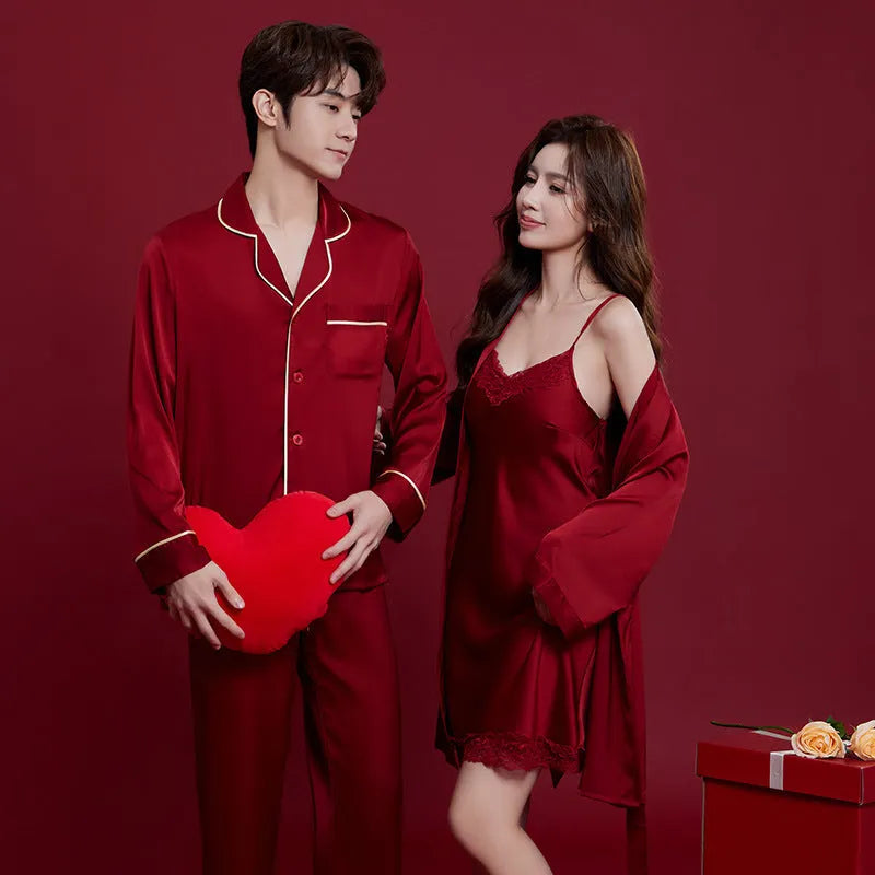 Red ice silk sleepwear set for men and women with long sleeves and trousers, fabric weight 121-140g/m²