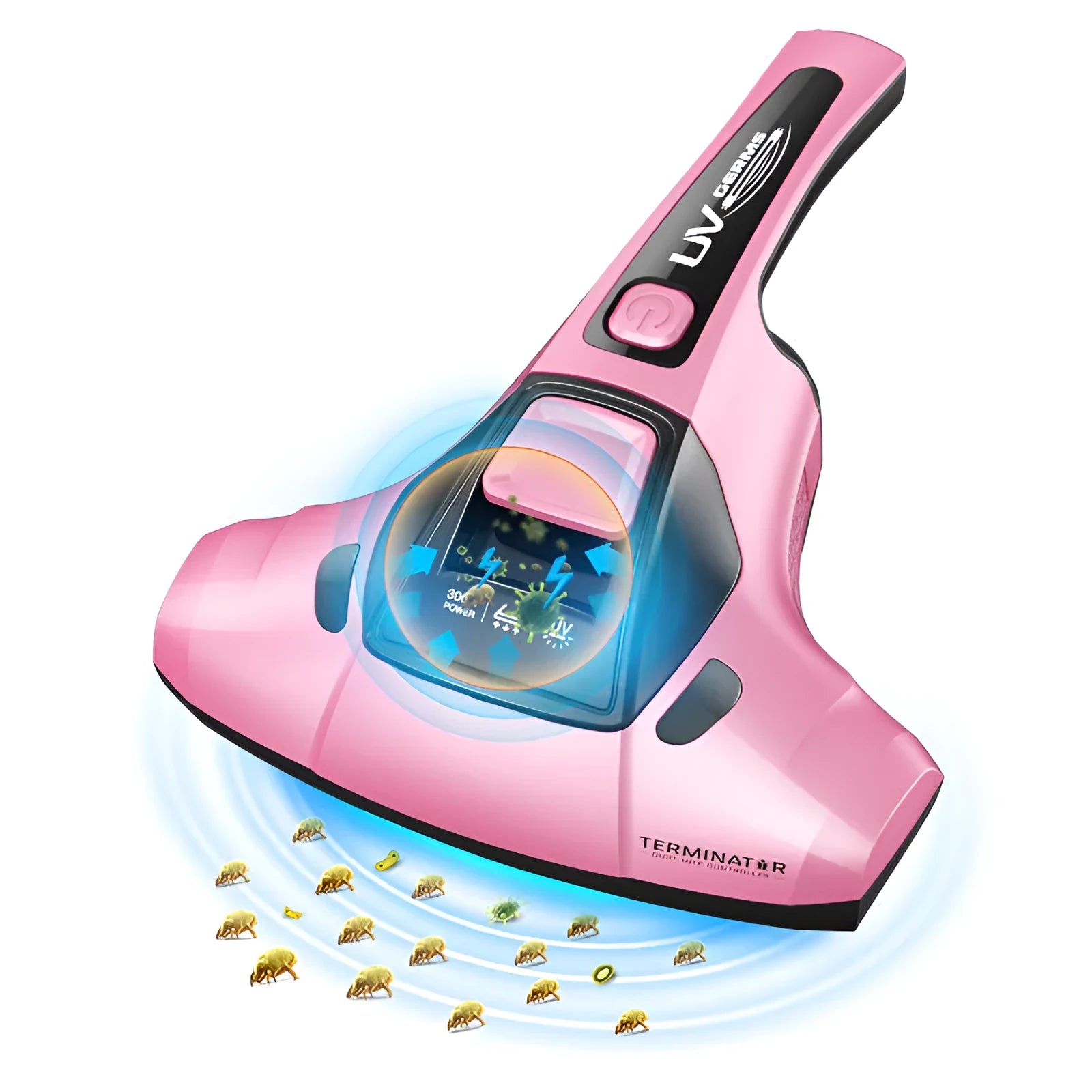 Pink handheld electric vacuum cleaner mite killer artifact on a table.