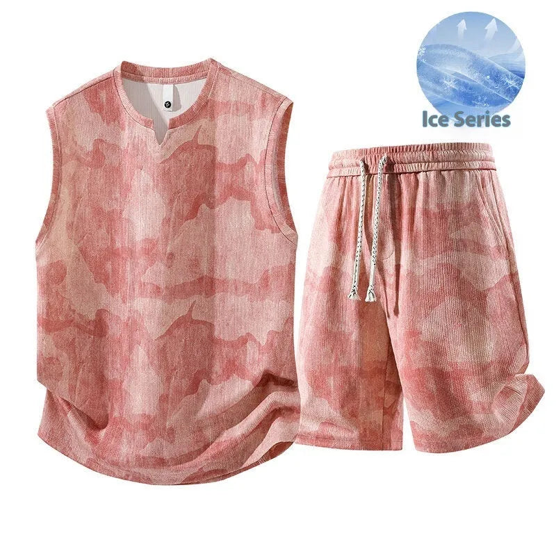 Sleeveless vest and shorts two-piece casual suit in hemp quick-drying fabric for larger sizes