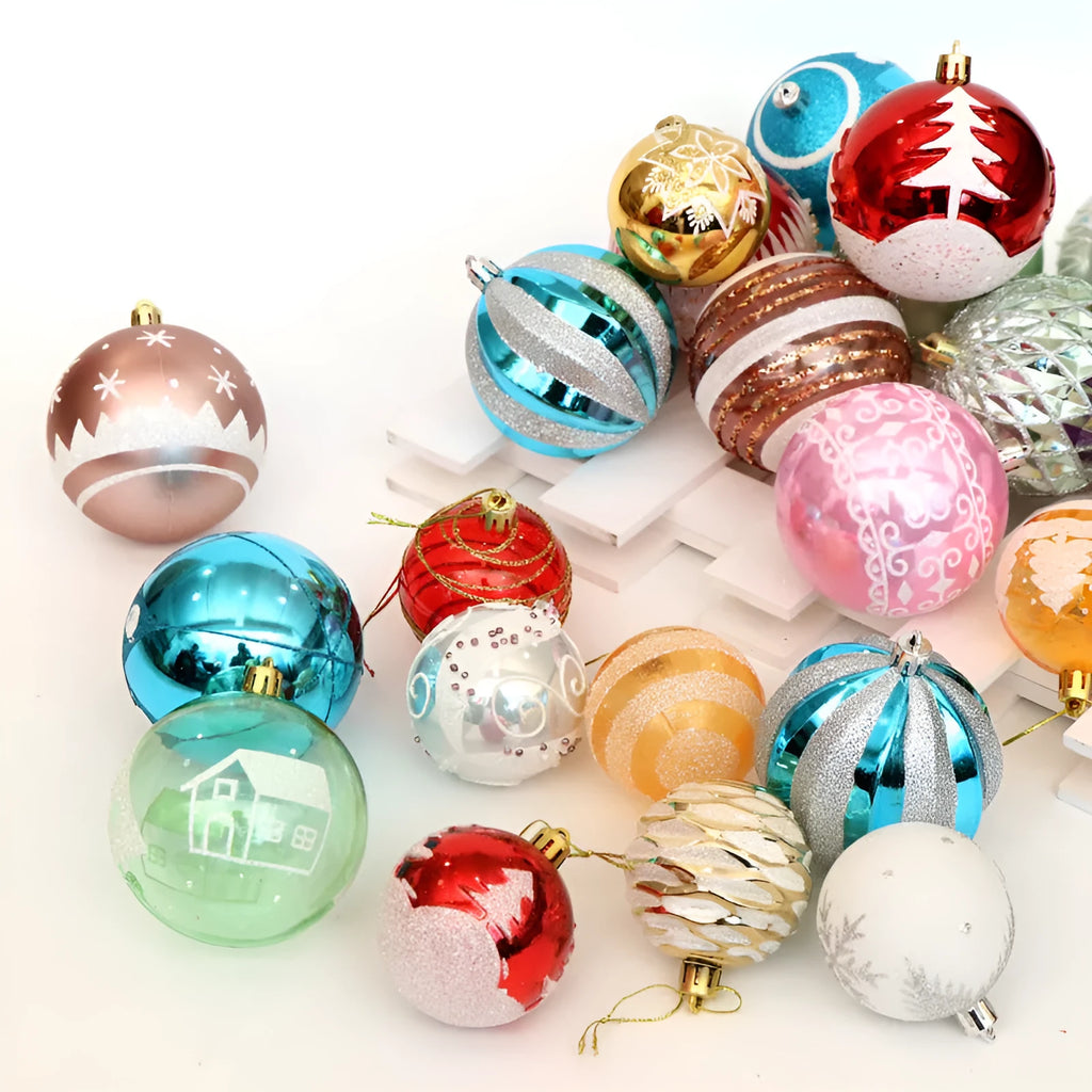 Set of 24 hand-painted 6cm Christmas baubles with glitter plating in various colours including gold, red and blue