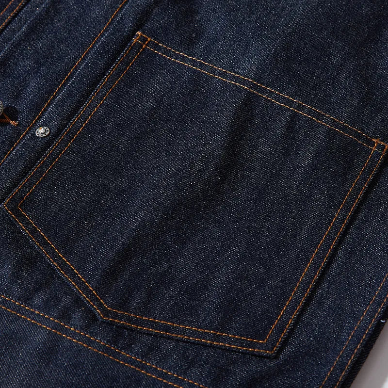 Men's raw pulp colour Japanese-style loose cotton jacket with red edge detailing and patch pockets.