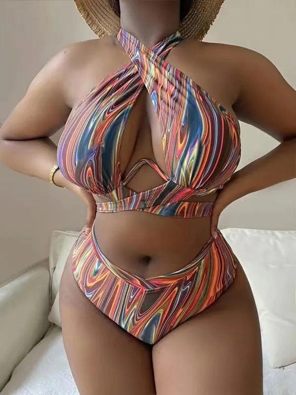 Women's floral print high waist bikini swimsuit on a hanger