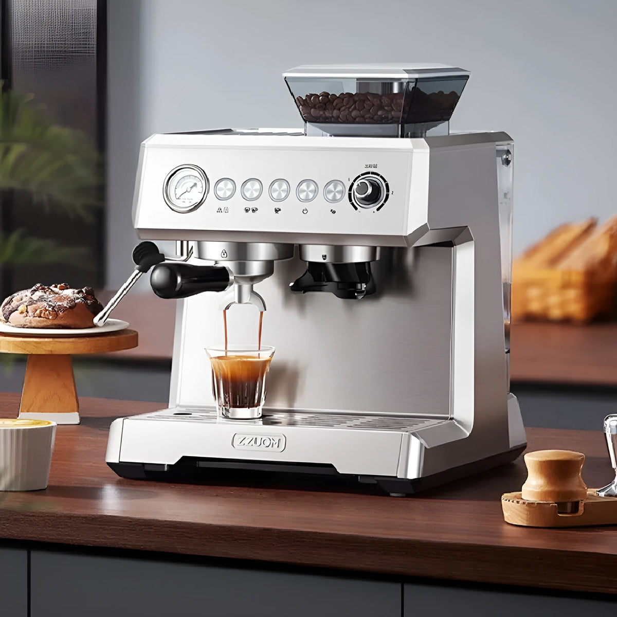 Silver gray fully automatic Italian coffee machine with 2L water tank, 20Bar pump, 200g bean storage, and EU plug.