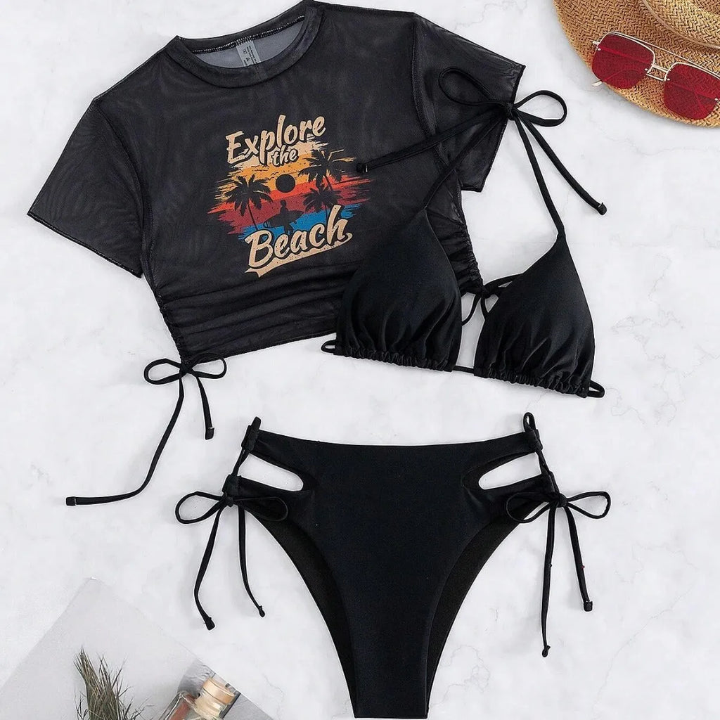 Women's three-piece bikini swimsuit in nylon fabric, shown in black, white, pink, and orange red colour options.