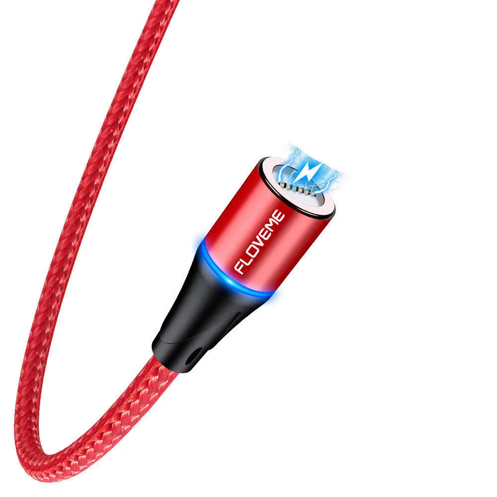 3A fast charge magnetic data cable with side light, showing Type-C connector and 3-in-1 heads for Apple and Android devices
