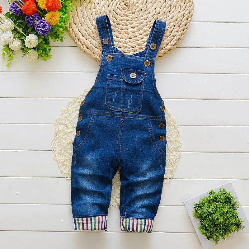 Children's bib jeans overalls in cotton, high waist, button and zip placket, sizes 80-110cm