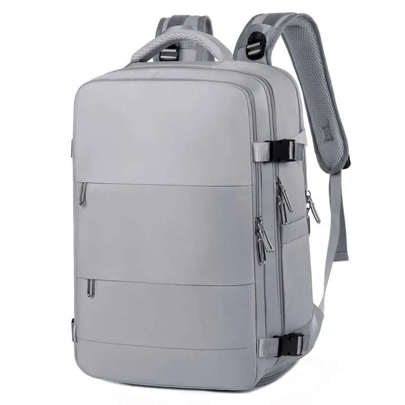 Large travel backpack with multiple compartments in purple, grey, black, or pink colours showing organisational pockets