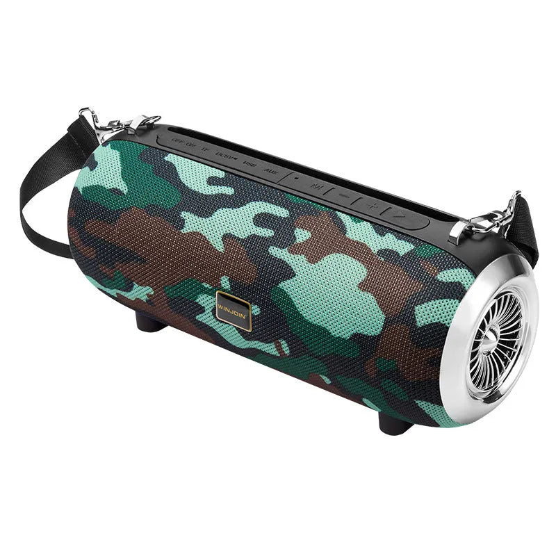 F666 Mini Bluetooth Speaker in black, blue, camouflage, or red with shoulder strap and mobile phone stand
