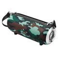 F666 Mini Bluetooth Speaker in black, blue, camouflage, or red with shoulder strap and mobile phone stand