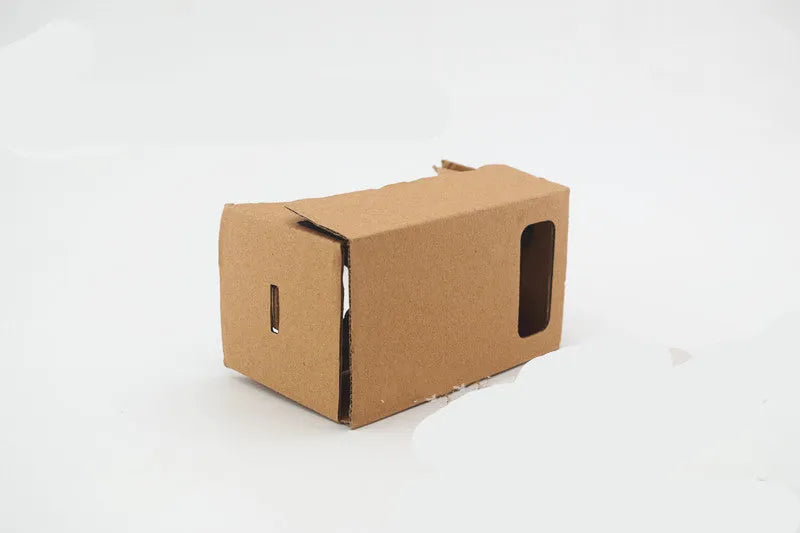 VR Cardboard Glasses showing cardboard frame with 3D lenses, adjustable rubber band, and velcro strap for smartphone virtual reality