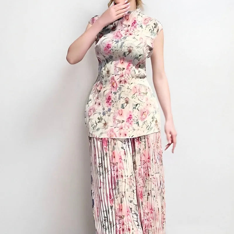 Long sleeve printed chiffon dress high waist set with skirt and top in sizes S to 3XL