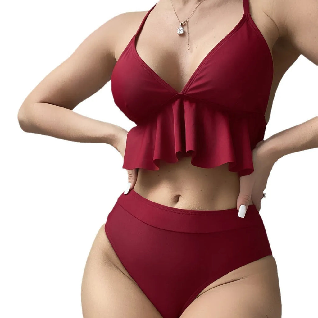 Women's solid colour split bikini swimsuit in polyester with spandex, shown in Army Green.