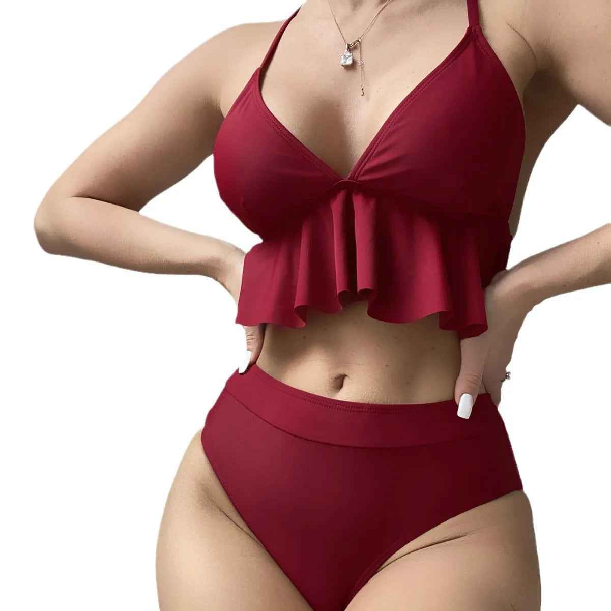 Women's solid colour split bikini swimsuit in polyester with spandex, shown in Army Green.