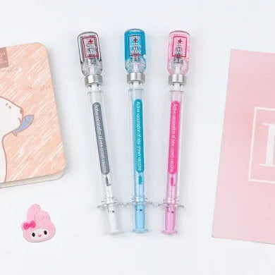 Vaccine design gel pen with plastic shell, cap, and 0.5mm black ink refill