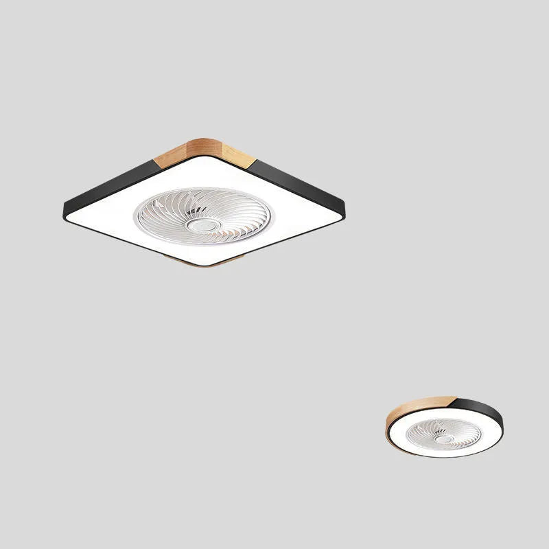 Nordic style ceiling fan with integrated light fixture in a solid wood housing, shown in rectangular, round, and square size options.