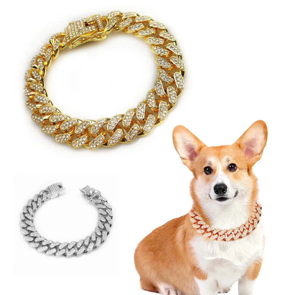 Hip hop alloy pet collar necklace in Gold, Rose Gold, or Silver, 20-70cm length, 12.5cm width