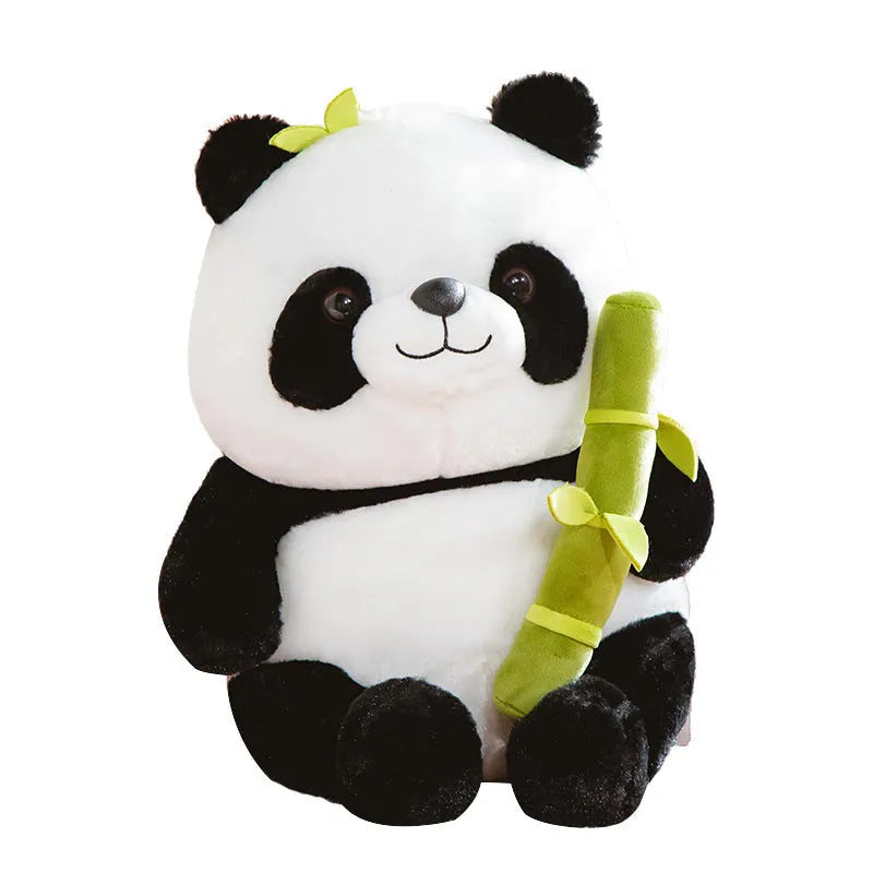 Panda plush doll pillow holding simulated bamboo tube, black and white soft toy