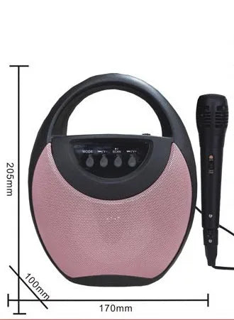 Portable Bluetooth speaker in black, blue, or pink colour with USB port and SD card slot.